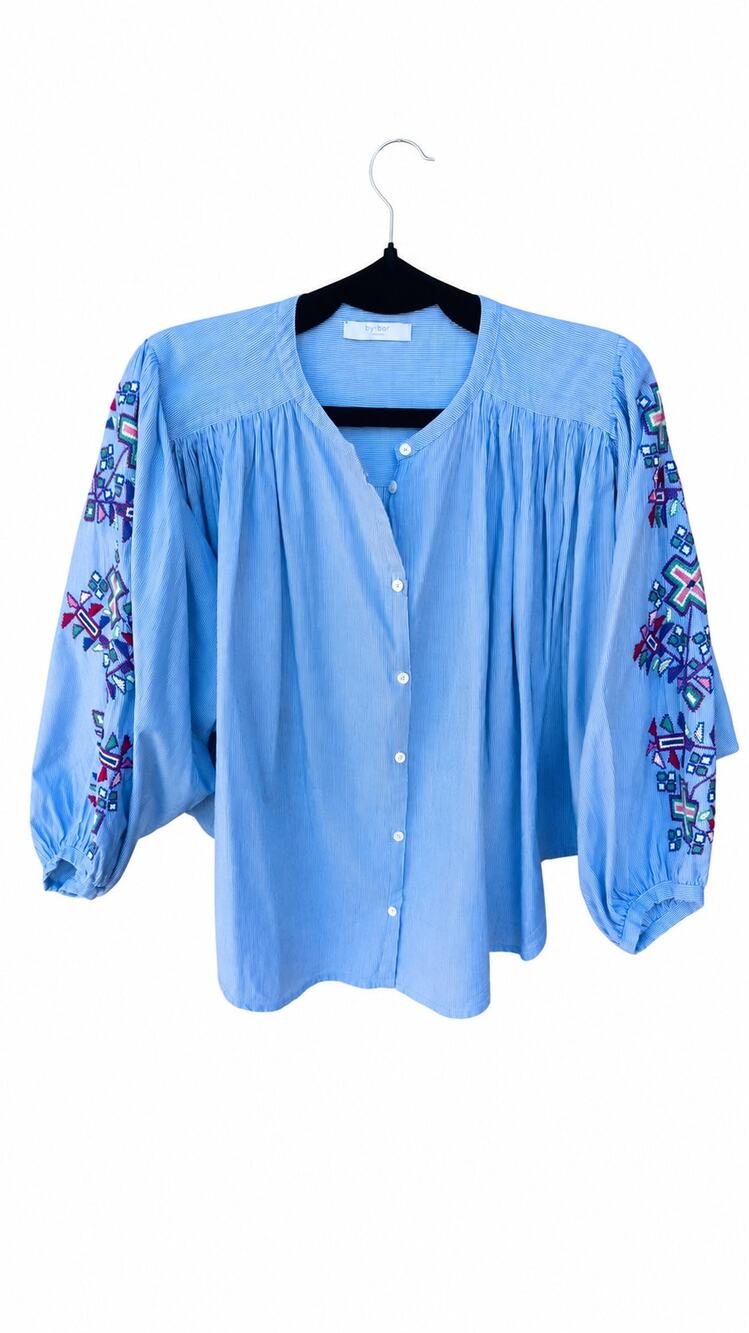 By-Bar Blue Pinstripe Embroidered Sleeve Blouse